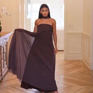 Brown Strapless Polka Dot Chiffon Gown with Scarf - Size Small